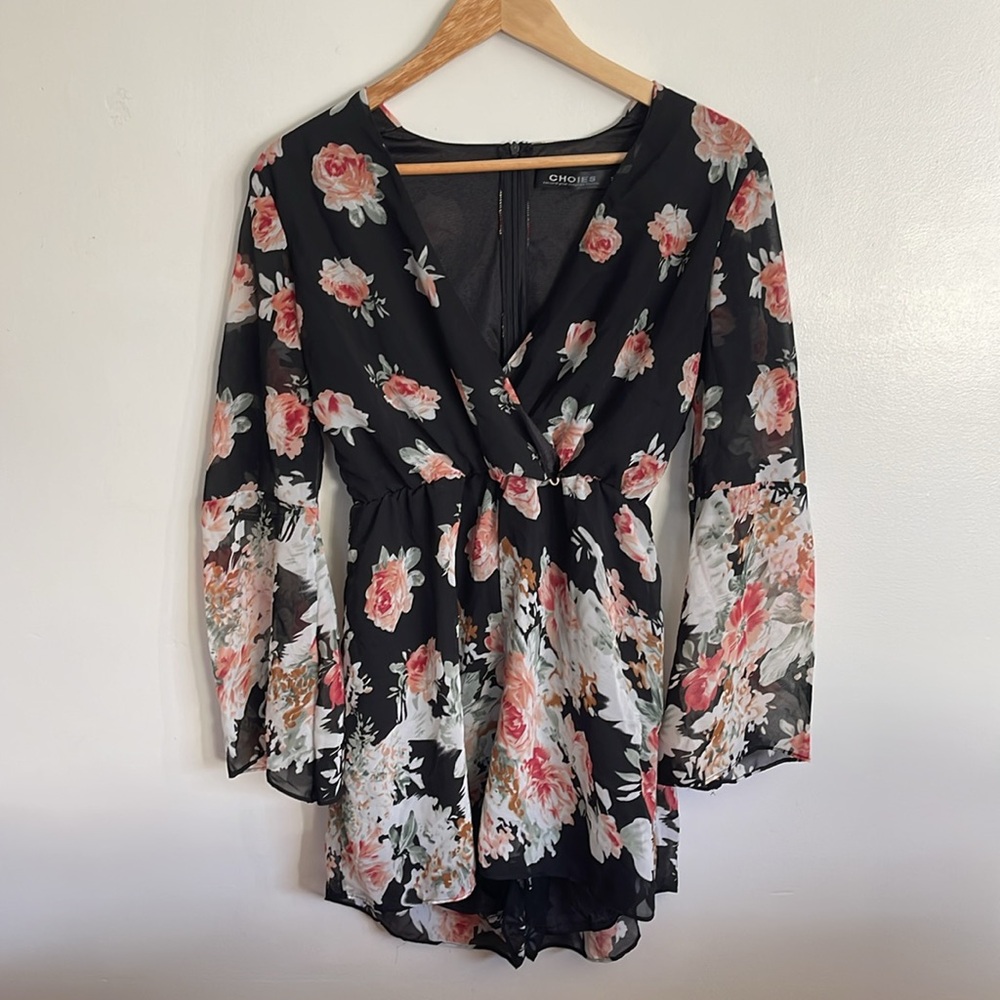 Choies Black Multicolored Floral Chiffon V-Neck Bell Long Sleeve Flowy Romper - Picture 5 of 13